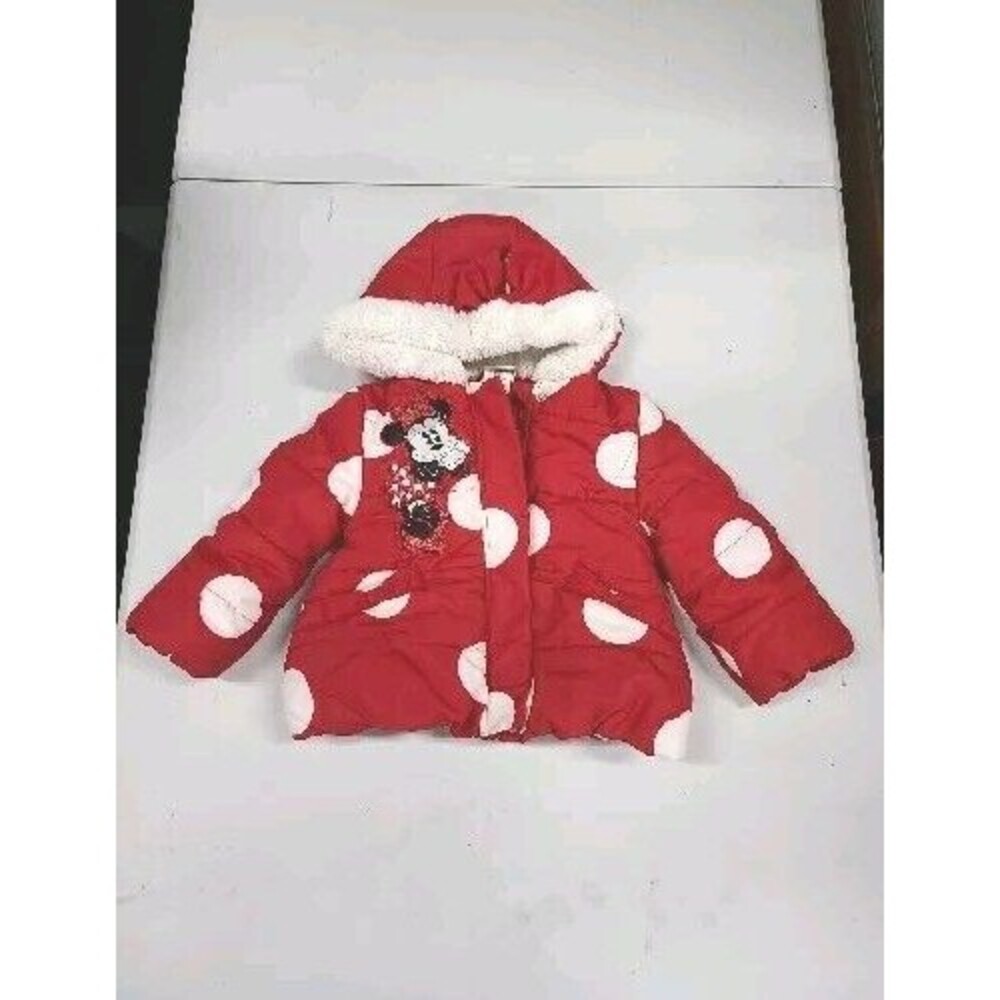 Girls Disney Toddler Size 2 Coat Minnie Mouse Polka Dot Puffer Jacket Bow Hood